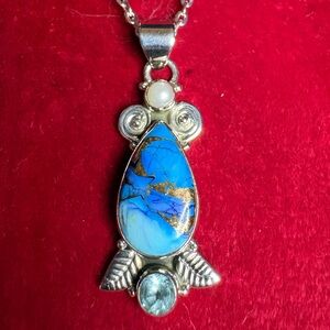 Pendant Turquoise Copper Infused 925 Sterling Silver & Aquamarine Gemstone